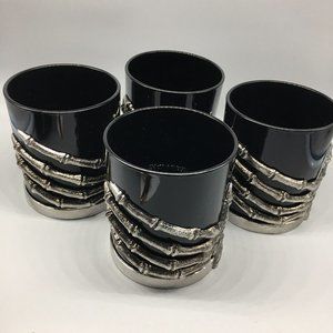 x4 Halloween Skeleton Hand Black Glass Set Silver Bones Double Old Fashioned